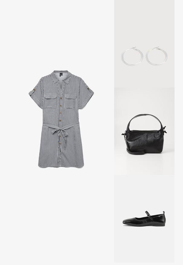 Chemise à boutons respirante avec des rayures verticales bleu marine et blanches. Elle présente deux poches poitrine, des manches courtes et une ceinture nouée à la taille.; Chaussure plate en cuir verni noir avec un bout pointu, une sangle de cheville avec boucles, et une texture lisse et brillante. Talon bas pour le confort.; Sac à main en cuir noir au design structuré, avec une poignée arrondie et une bandoulière amovible. Présente une texture lisse et un éclat subtil.; Paire de boucles d'oreilles créoles argentées brillantes avec fermoirs en fil fin, présentée sur un fond gris clair.