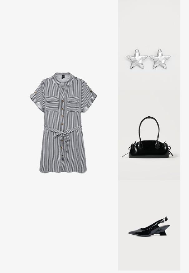 Atmungsaktives Hemd mit Knopfleiste in Marineblau und weißen vertikalen Streifen. Mit zwei Brusttaschen, kurzen Ärmeln und einem gebundenen Gürtel in der Taille.; Schwarzer Slingback-Schuh aus Lackleder mit spitzer Spitze und niedrigem, schrägem Blockabsatz auf einfachem hellem Hintergrund.; Kleine schwarze glänzende Handtasche mit zwei langen Griffen und seitlichen Kordelzug-Details vor einfachem hellem Hintergrund.; Silberne sternförmige Ohrringe mit einer polierten, glänzenden Oberfläche. Jeder Ohrring hat fünf Spitzen und dezente Oberflächentexturdetails.