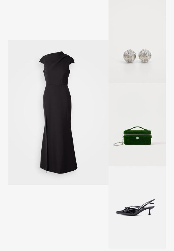 Vestido negro sin mangas con un cuello alto, corsé ajustado y falda larga con una abertura lateral y textura suave y mate.; Zapato de salón slingback de charol negro con punta afilada, tacón bajo tipo kitten, y detalle decorativo de lazo anudado en la parte delantera.; Bolso de cuadro verde de terciopelo con un asa en la parte superior, cremallera plateada y correa de cadena. Presenta un pequeño emblema en la parte frontal. Forma rectangular.; Pendientes redondos con una banda de tono plateado con texto en relieve, adornados con múltiples cristales transparentes que crean una superficie brillante.