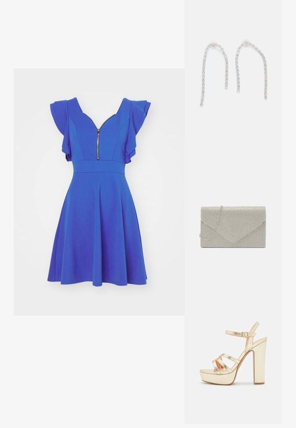 Vestido azul con mangas acampanadas, escote en V y cremallera frontal. Diseño de falda acampanada y textura de tela suave. Sencillo, sin patrones.; Sandalias de plataforma metálicas doradas con tacón cuadrado, que cuentan con múltiples tiras cruzadas y una correa con hebilla en el tobillo. Textura suave y diseño resistente.; Bolso de mano metálico plateado con diseño de sobre, embellecido con un patrón texturizado, que incluye una correa de cadena desmontable.; Pendientes de plata con cadenas colgantes, adornados con múltiples piedras preciosas transparentes dispuestas en un patrón lineal, que ofrecen un efecto deslumbrante.
