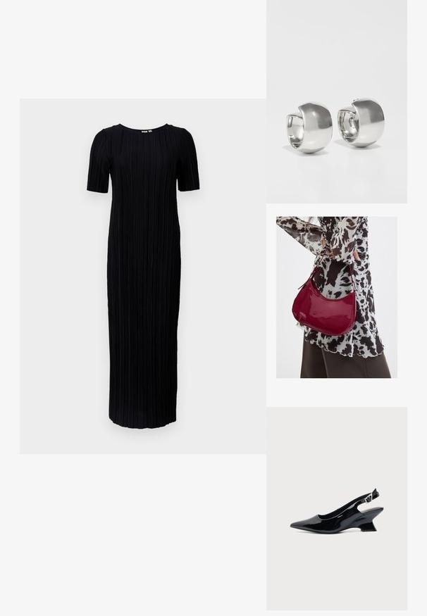 Schwarzes Maxikleid mit kurzen Ärmeln, das eine gerippte Textur und vertikale Falten im gesamten Stoff aufweist, Rundhalsausschnitt und bodenlangen Schnitt.; Schwarzer Slingback-Schuh aus Lackleder mit spitzer Spitze und niedrigem, schrägem Blockabsatz auf einfachem hellem Hintergrund.; Frau trägt eine schwarz-weiß gemusterte Bluse und hält eine glänzende rote Schultertasche vor einem einfarbigen Hintergrund.; Uncommon Matters SCULPTURAL LARGE CREOLE - Ohrringe - silver-coloured