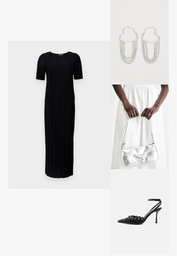 Schwarzes Maxikleid mit kurzen Ärmeln, das eine gerippte Textur und vertikale Falten im gesamten Stoff aufweist, Rundhalsausschnitt und bodenlangen Schnitt.; Schwarzer, spitzer High-Heel-Schuh mit geschwungenen Kanten, Metallösen, Schnürung vorne und Knöchelriemen mit Schnallverschluss.; Silberne metallische Handtasche mit Schnürdetail, die ein elegantes Design und einen kurzen Tragegurt aufweist. Die Tasche wird in den Händen gehalten und zeigt ihre Textur.; Silberne Creolen in Herzform, verziert mit herabhängenden Strängen aus klaren Strasssteinen für zusätzlichen Glanz und Textur.