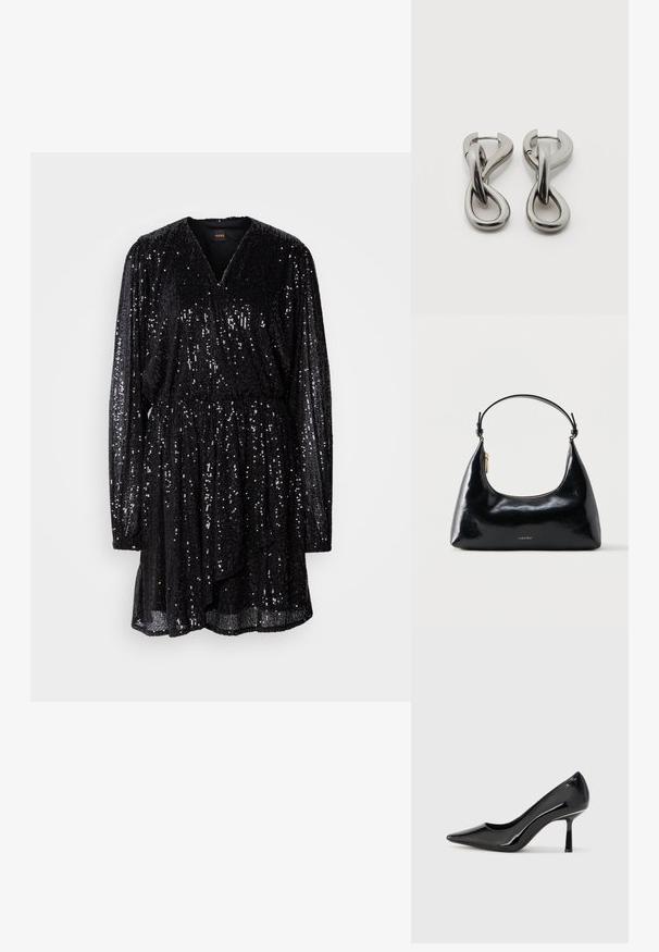 Vestido negro de lentejuelas con escote en V, mangas largas y cintura fruncida. Cae suelto con un dobladillo ligeramente acampanado y superficie texturizada.; Zapato de tacón alto de charol negro con punta afilada, diseño elegante y tacón de aguja delgado, que presenta una textura suave y brillante.; Bolso negro brillante de Calvin Klein con cremallera dorada y correa corta sobre un fondo blanco liso.; Par de pendientes de metal con acabado plateado y diseño abstracto de bucles entrelazados sobre un fondo blanco.