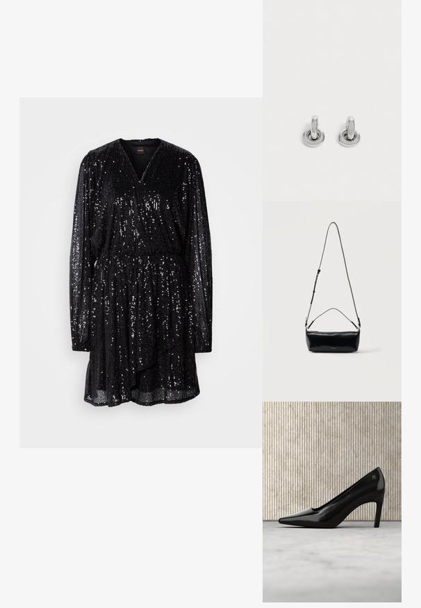 Vestido negro de lentejuelas con escote en V, mangas largas y cintura fruncida. Cae suelto con un dobladillo ligeramente acampanado y superficie texturizada.; Zapato de tacón alto negro con punta puntiaguda y detalle de logotipo dorado, colocado de pie sobre una superficie reflectante junto a un organizador metálico para archivos.; Bolso cruzado rectangular de cuero negro con correa de hombro ajustable, cremallera superior y pequeño logo dorado de Calvin Klein en el frente.; Par de pequeños pendientes de aro plateados brillantes con base redonda, exhibidos sobre un fondo claro y liso.