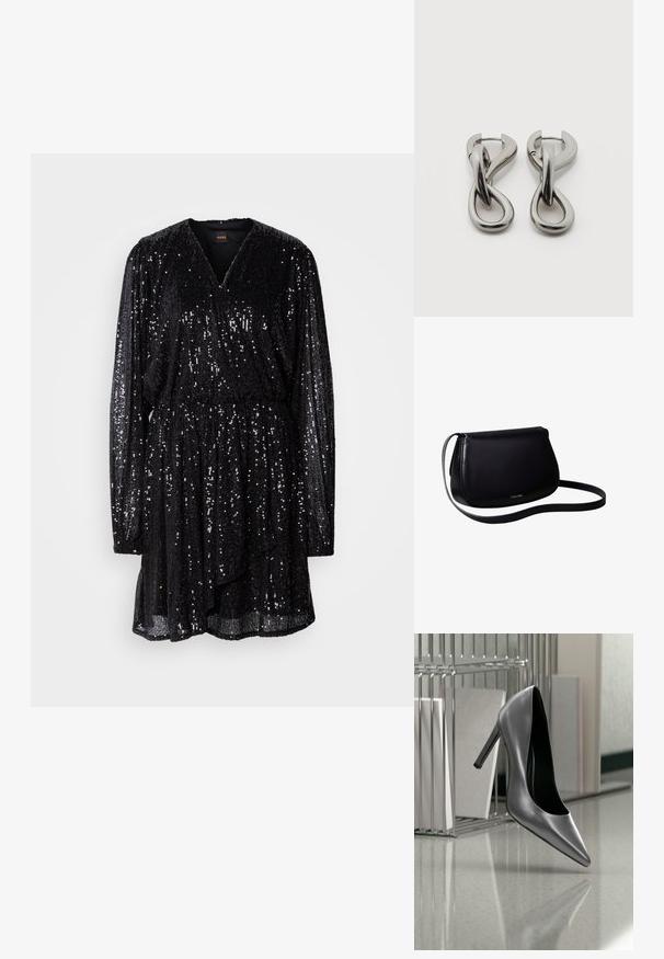 Vestido negro de lentejuelas con escote en V, mangas largas y cintura fruncida. Cae suelto con un dobladillo ligeramente acampanado y superficie texturizada.; Zapato negro de tacón alto suspendido en el aire frente a un organizador metálico de archivos con carpetas sobre una superficie pulida.; Bolso de hombro de piel negra con forma curva y asa delgada, pequeño logo dorado de Calvin Klein centrado cerca de la base.; Par de pendientes de metal con acabado plateado y diseño abstracto de bucles entrelazados sobre un fondo blanco.