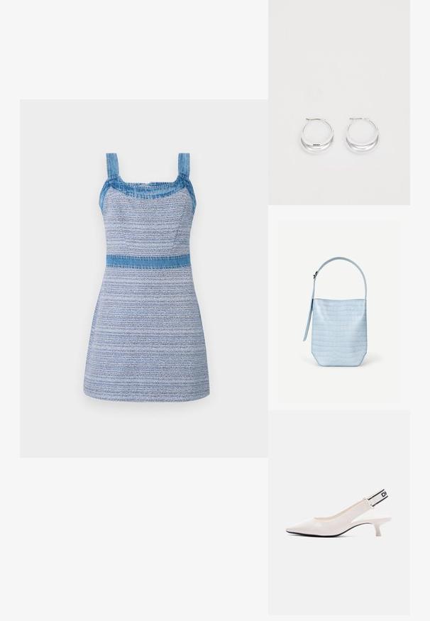 Denim en textiel jurk met vierkante schouderbanden, een aansluitende top en een uitlopende rok. Beschikt over blauwe tinten en een horizontaal streepjespatroon.; Witte slingback schoen van lakleer met een puntige neus, lage kittenhak en een zwart-witte elastische band met merklogo bij de hiel.; Lichtblauwe handtas met krokodillenpatroon, rechthoekige vorm, enkele handgreep bovenaan en een afneembare zijriem, afgebeeld op een effen witte achtergrond.; Zilveren creolen met een gepolijste afwerking en DKNY-branding, weergegeven tegen een effen witte achtergrond.