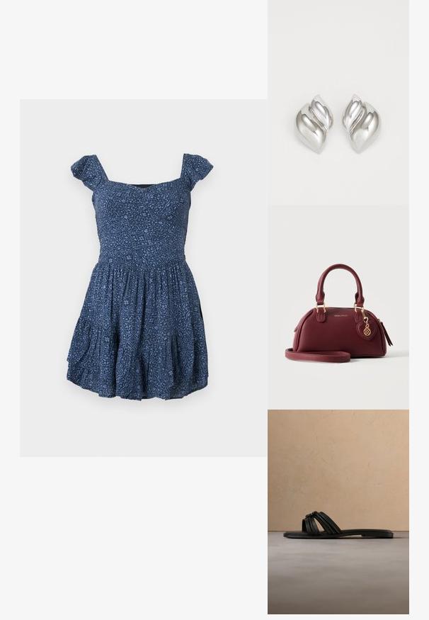 Vestido azul marino con tela estampada, escote cuadrado y mangas cortas abullonadas. Falda acampanada con detalles fruncidos.; Sandalia plana negra con múltiples tiras y hebilla decorativa, flotando sobre una alfombra beige en un salón moderno.; Bolso de mano de cuero burdeos con asas dobles, cremallera dorada, correa de hombro desmontable, charm en forma de corazón y logo "ANNA FIELD" en el frontal.; Pendientes de plata con una forma orgánica y abstracta. Superficie lisa y brillante con un diseño cónico. Presentan suaves curvas y un detalle de línea central.
