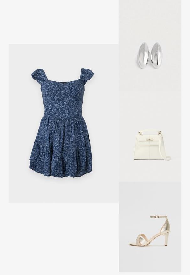 Vestido azul marino con tela estampada, escote cuadrado y mangas cortas abullonadas. Falda acampanada con detalles fruncidos.; Sandalia de tacón alto metálica dorada con tira en el tobillo, parte delantera entrecruzada texturizada y un acabado suave y brillante. Diseño de tacón de aguja con un ligero acolchado.; Bolso de mano de piel blanca con forma estructurada, asa superior, correa de hombro desmontable y cierre con broche plateado. Textura suave, diseño minimalista.; Par de objetos ovalados de plata, lisos y brillantes, colocados uno al lado del otro sobre un fondo blanco puro.