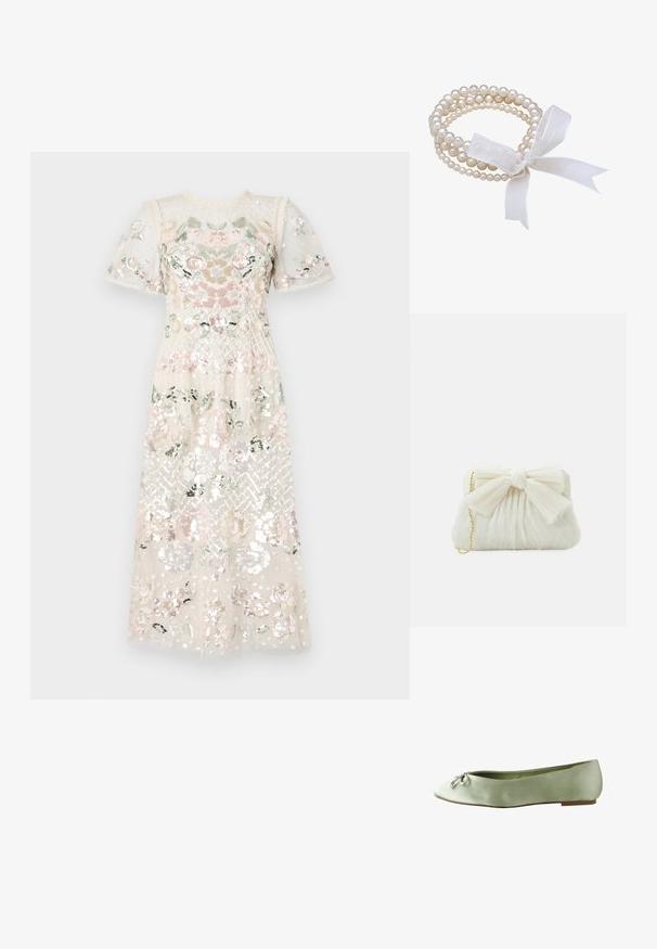 Kleid aus transparentem, paillettenbesetztem Stoff mit floralen Stickereien in Pastellfarben. Kurze Puffärmel und runder Ausschnitt. Midi-Länge.; Hellgrüner Damenflacher Schuh mit spitzer Spitze, dekorativer Schleife und kleinem Perlendetail vorne, seitlich betrachtet.; Weißes, gefaltetes Clutch-Case mit einem auffälligen Schleifendetail und einem goldenen Kettenriemen. Weiche Textur mit einem gerafften Design auf der Vorderseite.; Weißes Perlenarmband mit mehreren Strängen, das unterschiedliche Größen von Perlen aufweist. Mit einer durchsichtigen weißen Schleife gebunden.