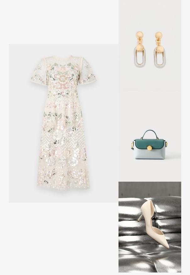 Kleid aus transparentem, paillettenbesetztem Stoff mit floralen Stickereien in Pastellfarben. Kurze Puffärmel und runder Ausschnitt. Midi-Länge.; Cremefarbener High-Heel-Schuh schwebt über einem glänzenden silbernen, gesteppte Ledercouch, ohne sichtbare Personen oder Handlungen.; Kleine rechteckige Handtasche mit türkisfarbenem Klappdeckel, hellgrauem Körper, goldener Schnalle und oberem Griff vor einfachem Hintergrund.; Gold- und Silberohrringe mit einer kugelförmigen Oberseite und einem länglichen, ovalen hängenden Element mit glänzender Oberfläche.