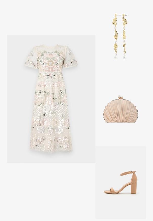 Kleid aus transparentem, paillettenbesetztem Stoff mit floralen Stickereien in Pastellfarben. Kurze Puffärmel und runder Ausschnitt. Midi-Länge.; Stuart Weitzman NEARLY - Riemensandalette - nude; Clutch-Tasche in Form einer Muschel mit plissiertem beigefarbenem Stoff und zwei perlenähnlichen Perlen als Verschluss oben.; Goldfarbene Ohrringe mit einem kaskadierenden Design aus abstrakten Formen und weißen Perlen, die eine elegante, glänzende Textur zeigen.