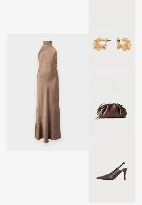 Robe longue sans manches en satin brun clair avec un col montant plissé et un détail d'ourlet asymétrique sur la jupe.; Chaussure à talon haut slingback en cuir marron à bout pointu avec talon stiletto fin sur fond clair uni.; Sacoche en cuir marron doux avec un haut froncé et une fine bandoulière, posée sur un fond blanc.; Boucles d'oreilles dorées avec une forme abstraite et organique, présentant une surface texturée et une fermeture à poussette.