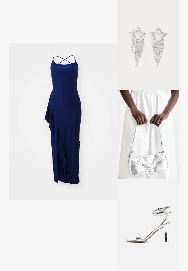 Navyblaues Maxikleid mit dünnen, gekreuzten Trägern, seitlichem Rüschendetail und einem hohen Schlitz für Bewegungsfreiheit, aus einem glatten Stoff gefertigt.; Silberne Sandale mit hohem Absatz und umlaufenden Riemen am Knöchel sowie dünnem Stiletto-Absatz, seitlich auf weißem Hintergrund gezeigt.; Silberne metallische Handtasche mit Schnürdetail, die ein elegantes Design und einen kurzen Tragegurt aufweist. Die Tasche wird in den Händen gehalten und zeigt ihre Textur.; Glitzernde Sternohrringe mit herabhängendem Fransen-Detail, in silberner Farbe und mit einer glänzenden, reflektierenden Oberfläche. Sternform mit filigranem Design.
