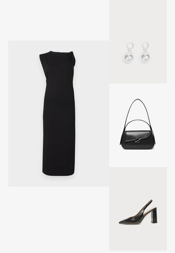 Käeauguta must midi kleit, millel on lihtne ümar kaelus ja sirge, sobiv siluett, seistes ühetaolise tausta ees.; Mustast nahast terava varbaga slingback-kinga kõrge plokk-kontsaga ja beežsisemise voodriga tavalise heledal taustal.; Must nahast õlakott kõverda kaanega, mida hoiab kinni ümmargune metallist klamber ja millel on õhuke, reguleeritav rihm.; Hõbedased langenud kõrvarõngad, millel on siledad, ümmargused, peegeldavad pinnad, mis ripuvad klamberkinnituselt. Taust on lihtne valge.