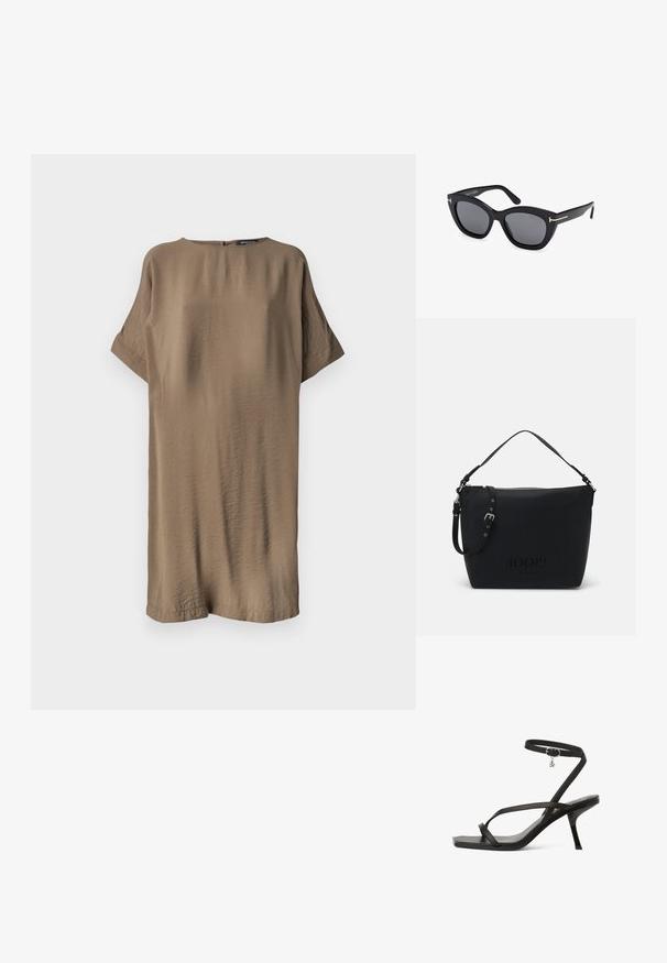 Overdimensioneret kjole med korte ærmer i et tekstureret, afdæmpet brunt stof. Enkel rund halsudskæring og diskret lukning bagpå. Afslappet design.; Sort strappy sandal med en tynd ankelrem, spids tå og en lille stilettohæl. Har en sølvcharme på ankelremmen.; Sorte katteøjne solbriller med mørke linser, som har en glat overflade og diskrete guldaccents på stellet. Klassisk design og letvægtsmateriale.; Sort læder skuldertaske med en tekstureret overflade og sølvhardware. Har en top lynlåslukning og justerbar rem. Logo prægning på fronten.