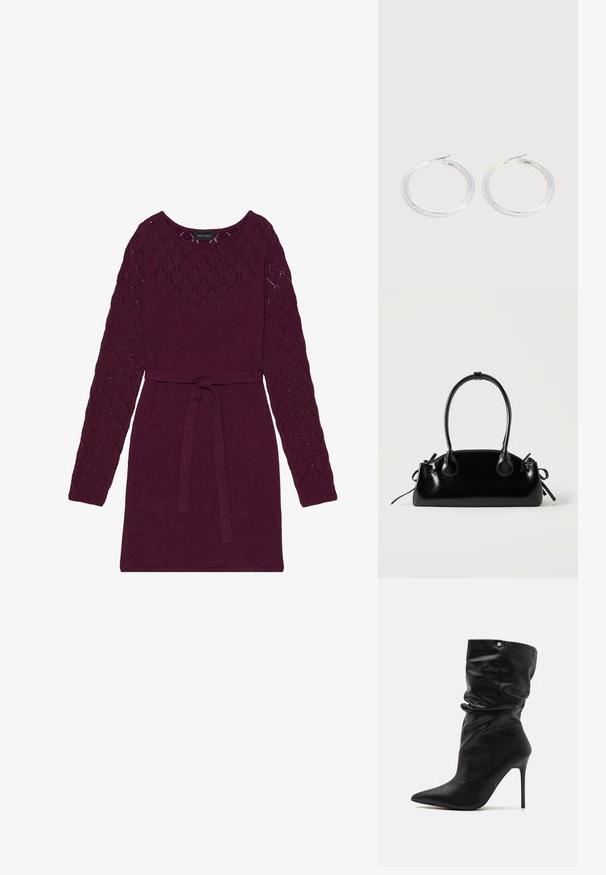 Bordeaux gebreide jurk met lange mouwen in ruitpatroon, een ronde halslijn en een bijpassende riem in de taille.; Even&Odd Wide Fit by Zalando Lage laarzen - black; Kleine zwarte glanzende handtas met twee lange hengsels en zijkant trekkoord details op een effen lichte achtergrond.; Een paar glanzende zilveren oorringen met dunne draadafsluitingen, getoond op een lichtgrijze achtergrond.