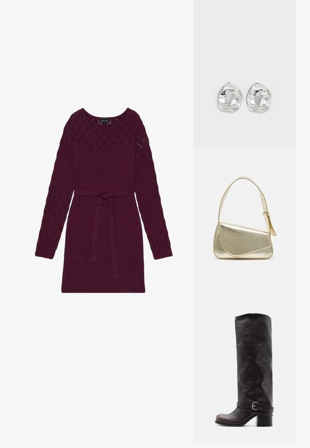 Vestido de punto burdeos con mangas largas de patrón de diamantes, escote redondo y un cinturón a juego en la cintura.; Bota alta hasta la rodilla de cuero marrón oscuro con puntera redondeada, tacón bajo de bloque y una correa decorativa con hebilla plateada cerca del tobillo.; Bolso de mano metálico dorado con un diseño estructurado, textura suave y correa ajustable. Presenta una forma triangular única y un cosido minimalista.; Pendientes de studs en forma abstracta de plata con un acabado pulido, que presentan curvas suaves y contornos sutiles. Sin patrones o acentos visibles.
