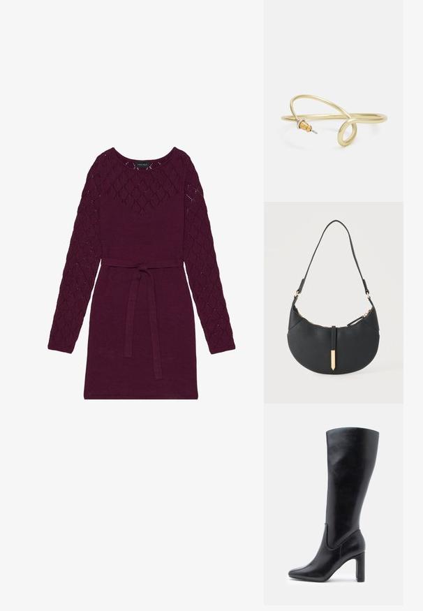 Bordeaux strikkjdress med lange ærmer i diamantmønster, rund halsudskæring og et matchende bælte i taljen.; Knæhøje sorte læderstøvler med et slankt design, spids tå og 4-tommer blokhæl, som har diskrete syninger.; Sort håndtaske formet som en halvmåne med en enkelt rem, guld lynlås og en guldfarvet rektangulær dekorativ fane foran.; Guldfarvet metalarmbånd med flydende, kurvet design. Har en lille, fremtrædende sølvfarvet accent i den ene ende.