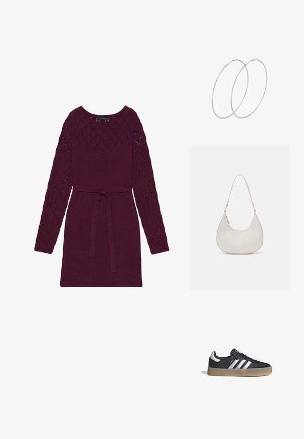 Vestido de punto burdeos con mangas largas de patrón de diamantes, escote redondo y un cinturón a juego en la cintura.; Zapatilla deportiva de cuero negro con tres rayas plateadas, punta texturizada y suela de goma. Cuenta con un collar acolchado y un diseño con cordones.; Bolso de hombro de cuero crema con forma de media luna, correa delgada y sutil detalle de costuras. Diseño minimalista con acentos de hardware en tono dorado.; Pendientes de aro plateados con un diseño minimalista. Forma circular, textura suave y perfil delgado. Livianos con un acabado pulido.