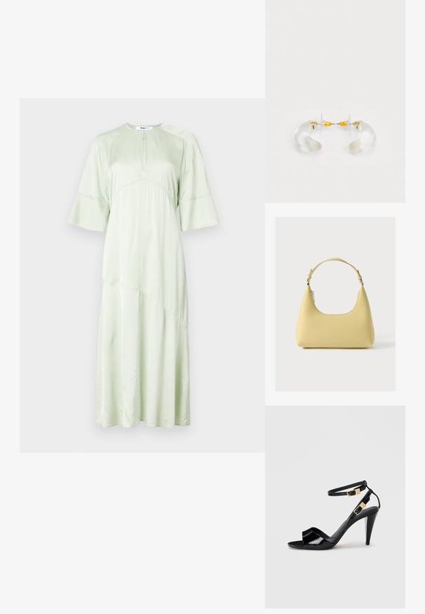 DAY Birger et Mikkelsen CAMILLA - Robe de soirée - green; Sandale à talon haut en cuir verni noir avec double bride de cheville et boucles dorées, bout ouvert, et talon effilé sur fond neutre.; Sac à main en cuir jaune avec une silhouette incurvée, une bandoulière courte réglable et un compartiment zippé. Présente un logo subtil à l'avant.; Boucles d'oreilles en acrylique transparent avec accents dorés, présentant un design incurvé et un fermoir transparent. Texture lisse, style minimaliste.