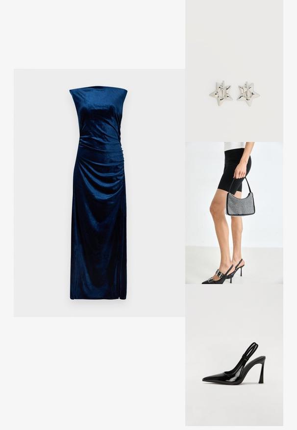Mouwloze, vloerlange marineblauwe fluwelen jurk met een rechte halslijn en gerimpeld detail aan de rechterzijde.; Zwarte gepatineerde leren slingback pump met puntige neus, slanke hoge hak en dubbele elastische band voor een veilige pasvorm. Gladde, glanzende oppervlakte.; Zwarte beaded handtas met een gebogen silhouet, draaghandvat en glanzende textuur. Draagt bij hoge zwarte hakken en strakke zwarte shorts.; Zilverkleurige stervormige oorringen met een gladde, gepolijste afwerking op een effen witte achtergrond.
