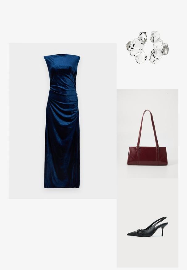 Mouwloze, vloerlange marineblauwe fluwelen jurk met een rechte halslijn en gerimpeld detail aan de rechterzijde.; Zwarte leren pumps met hoge hak en slingback, met een puntige neus en een gesp- en oogjesriem detail aan de voorkant.; Bourgondische handtas van glanzend materiaal, rechthoekige vorm, met twee schouderbanden en subtiele gebogen accenten aan de voorkant.; Cluster van zes onregelmatig gevormde, doorschijnende en reflecterende glasachtige stukken die zijn gerangschikt op een witte achtergrond.