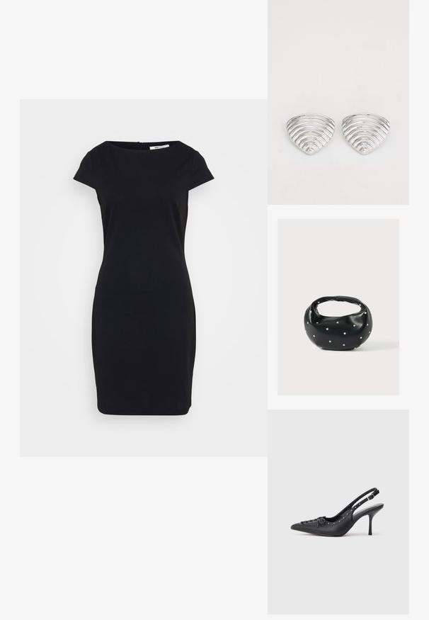 Sort tætsiddende kjole med korte kinesiske ærmer, rund halsudskæring og en skjult lynlås i ryggen; glat stof med en mat finish.; Sorte læder slingback stiletto med spids tå, side spændebånd, nitter langs kanten og dekorativ snøring foran.; Sort læderhåndtaske med en rundet form, dekoreret med sølvnitter, og et kort håndtag. Glat tekstur og lynlåslukning.; Sølvfarvede øreringe med et bølget, tekstureret design, formet som overlappende halvmåner; den polerede overflade fremhæver de reflekterende egenskaber.