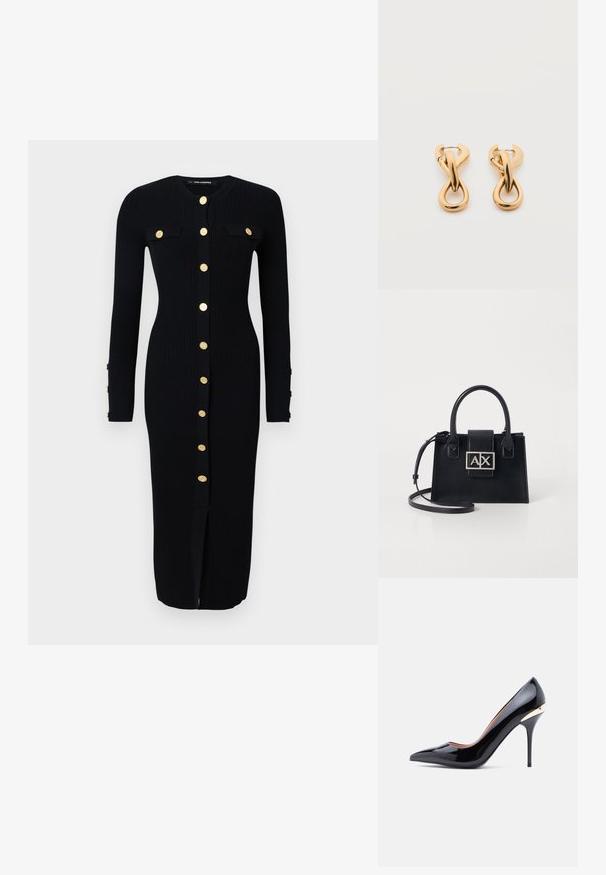Schwarzes, langärmeliges Rippkleid mit goldfarbigen Knopfverschlüssen, zwei Brusttaschen und einem Schlitz vorne. Weicher Stoff, figurbetonte Passform.; Schwarzer Stöckelschuh aus Lackleder mit spitzer Schuhspitze und einem goldenen Akzent an der Ferse. Glatte Textur und schlanke Silhouette.; Schwarze Lederhandtasche mit strukturiertem Design, oberen Griffen und einem abnehmbaren Schulterriemen. Sie verfügt über eine silberfarbene Logo-Plakette und eine glatte Textur.; Paar glänzende goldfarbene Creolen mit verschlungenem, verdrehtem Design auf schlichten weißem Hintergrund.