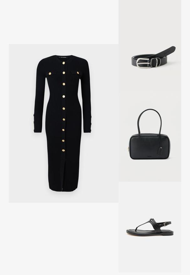 Schwarzes, langärmeliges Rippkleid mit goldfarbigen Knopfverschlüssen, zwei Brusttaschen und einem Schlitz vorne. Weicher Stoff, figurbetonte Passform.; Schwarze Ledersandale mit Zehensteg und sicherem Knöchelriemen, ausgestattet mit einer glatten Oberfläche, flacher Sohle und silbernem Schnallendetail.; Schwarze rechteckige Handtasche mit doppelten, abgerundeten Griffen, goldfarbenem Reißverschluss und geprägtem „HUGO“-Logo auf der Vorderseite sowie angebrachtem Lederanhänger.; Schwarzer Ledergürtel, zusammengerollt mit silberner rechteckiger Metallschnalle und schwarzer Metall-Gürtelschlaufe, vor weißem Hintergrund.
