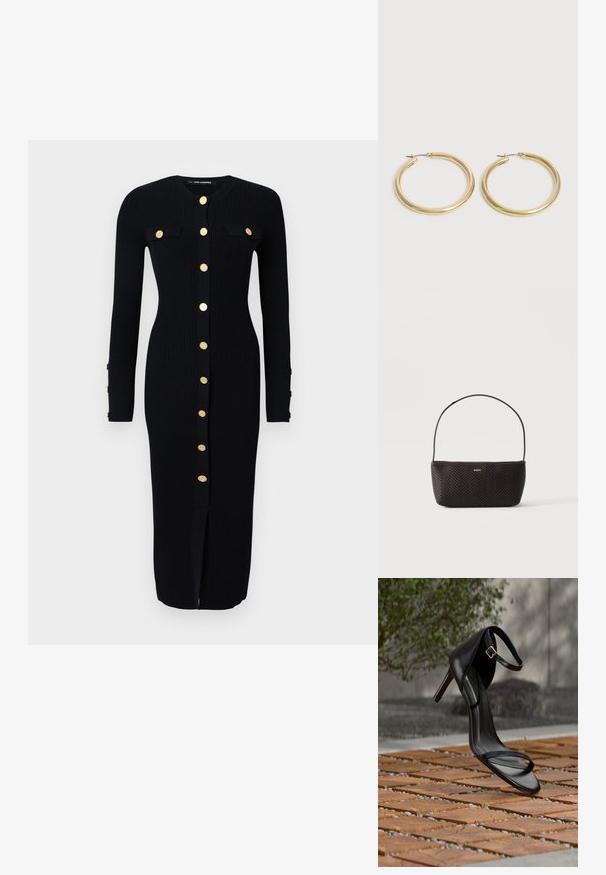 Schwarzes, langärmeliges Rippkleid mit goldfarbigen Knopfverschlüssen, zwei Brusttaschen und einem Schlitz vorne. Weicher Stoff, figurbetonte Passform.; Schwarze Sandalette mit hohem Absatz und Knöchelriemen schwebt über einem Holzboden im Freien vor verschwommenem Grün und Steinhintergrund.; Schwarze gewebte strukturierte Handtasche mit einem einzelnen Schulterriemen und kleinem goldfarbenem "BOSS"-Logo vorne mittig.; Paar glatter, glänzender goldener Creolen mit dünnen Stegen und Klappverschlüssen auf schlichtem hellem Hintergrund.