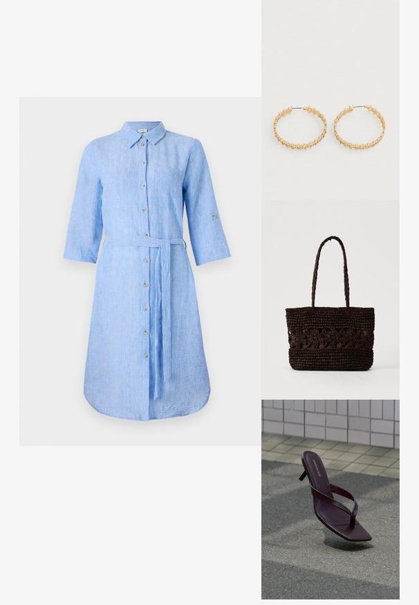 Helles blaues Leinenhemdkleid mit Kragen, Knopfleiste, langen Ärmeln und passendem Taillengürtel. Verfügt über eine einzelne Brusttasche.; Dunkelbraune Sandalette mit Absatz, quadratischer Zehenpartie und dünnen Riemen, schwebt über strukturiertem Pflaster in der Nähe einer gekachelten Wand.; Dunkelbraune gewebte Tragetasche mit Blumenmustern und zwei langen geflochtenen Griffen auf hellem einfarbigem Hintergrund.; Goldene Creolen mit einem strukturierten Design und kleinen, runden Perlen entlang der äußeren Kante. Leicht und mit sicherem Verschluss.