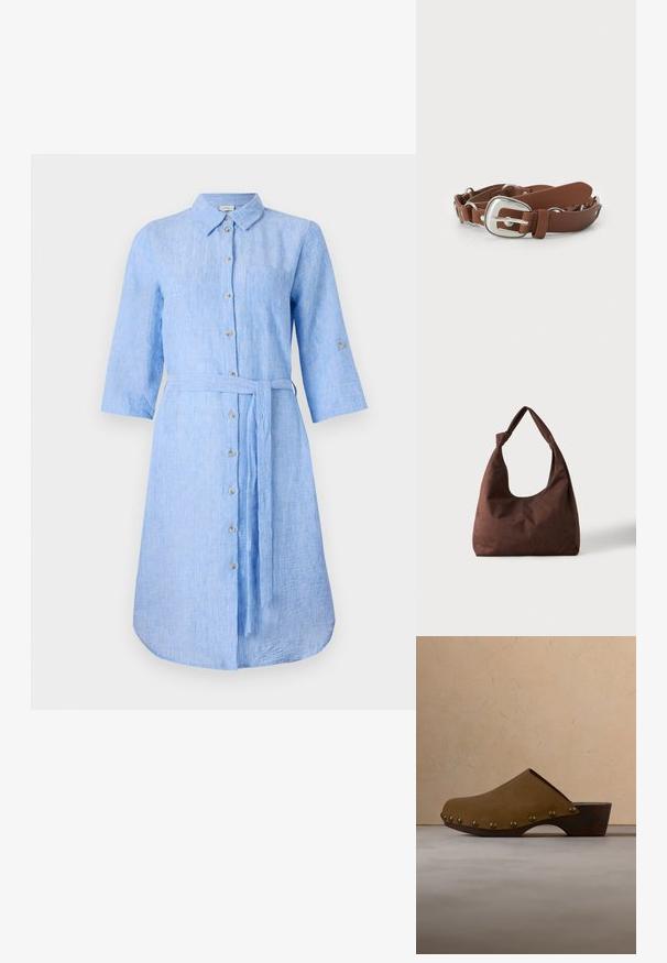 Robe chemise en lin bleu clair avec col, boutonnage sur le devant, manches longues et une ceinture assortie à la taille. Comprend une poche poitrine.; Sabot en daim marron avec talon en bois et clous en laiton, flottant au-dessus d'un tapis beige dans une pièce aux tons neutres.; Sac à main en tissu marron texturé avec une seule anse nouée, présenté sur un fond clair uni.; Ceinture en faux cuir brun avec une boucle rectangulaire en argent, présentant un bord texturé et des accents matériels circulaires.