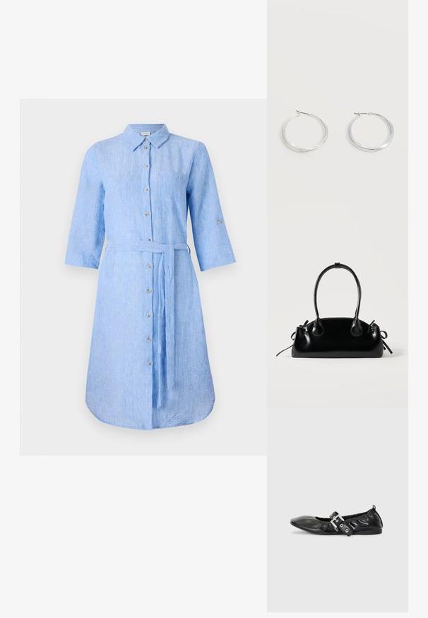 Helles blaues Leinenhemdkleid mit Kragen, Knopfleiste, langen Ärmeln und passendem Taillengürtel. Verfügt über eine einzelne Brusttasche.; Schwarze Leder-Ballerinas mit spitzem Zehenbereich, gerafften Details am Schaft und einem silbernen Schnallenakzent am verstellbaren Riemen.; Kleine schwarze glänzende Handtasche mit zwei langen Griffen und seitlichen Kordelzug-Details vor einfachem hellem Hintergrund.; Silberne Metallcreolen mit glatter, leicht gebogener Oberfläche und Klappverschluss vor schlicht weißem Hintergrund.