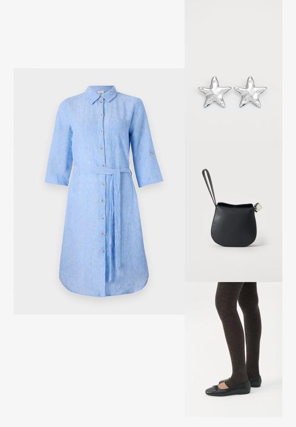 Robe chemise en lin bleu clair avec col, boutonnage sur le devant, manches longues et une ceinture assortie à la taille. Comprend une poche poitrine.; Jambes portant des leggings côtelés foncés associés à des ballerines noires avec de petits détails en nœud sur fond blanc.; Pochette en cuir noir pour poignet avec base arrondie et fermoir argenté sur fond blanc uni.; Boucles d'oreilles argentées en forme d'étoile, avec une surface lisse et brillante. Chaque boucle d'oreille possède cinq pointes et des détails subtils de texture de surface.