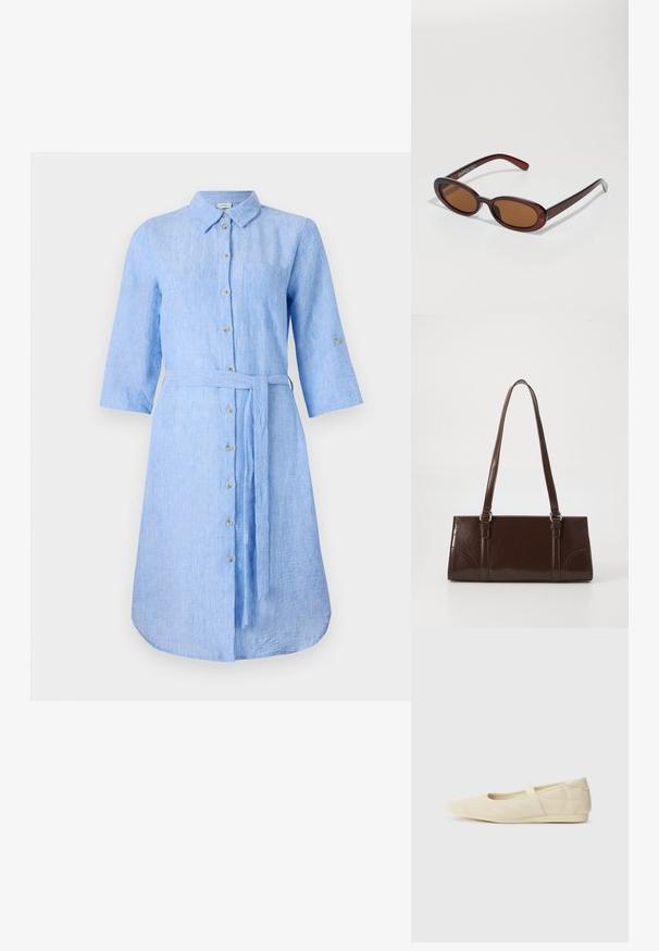 Robe chemise en lin bleu clair avec col, boutonnage sur le devant, manches longues et une ceinture assortie à la taille. Comprend une poche poitrine.; Ballerines beiges avec une exterior en cuir lisse, un bout en forme d'amande et une sangle élastique sur le coup de pied, avec des détails de couture subtils.; Lunettes de soleil rondes teinte brun avec une monture bordeaux brillante. Branches fines avec un détail de marque subtil. Design de verres plats.; Sac à main en cuir verni marron de forme rectangulaire, avec deux longues poignées et des accents courbés subtils à l'avant.