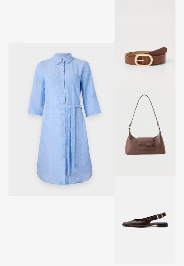 Helles blaues Leinenhemdkleid mit Kragen, Knopfleiste, langen Ärmeln und passendem Taillengürtel. Verfügt über eine einzelne Brusttasche.; Dunkelbrauner Lederslingback-Flachschuh mit quadratischer Spitze, Krokodillederstruktur und silberner Schnalle am Riemen.; Braune Leder-Umhängetasche mit einer vorderen Klappentasche, die ein gestepptes Schleifendetail und einen verstellbaren Riemen aufweist.; Brauner Ledergürtel mit einer goldenen ovalen Schnalle und genähten Details. Glatte Textur mit einem minimalistischen Design und spitz zulaufendem Ende.
