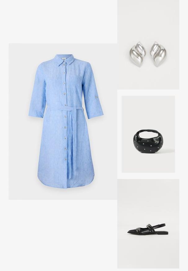 Helles blaues Leinenhemdkleid mit Kragen, Knopfleiste, langen Ärmeln und passendem Taillengürtel. Verfügt über eine einzelne Brusttasche.; Even&Odd by Zalando Sling-Ballerina - black; Schwarze Lederhandtasche mit abgerundeter Form, verziert mit silbernen Nietenakzenten und kurzem Griff. Glatte Struktur und Reißverschlussverschluss.; Silberne Ohrringe mit einer organischen, abstrakten Form. Glatte, glänzende Oberfläche mit einem konischen Design. Mit dezenten Kurven und einem zentralen Linienelement.