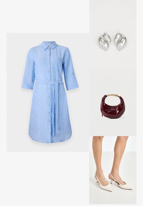 Helles blaues Leinenhemdkleid mit Kragen, Knopfleiste, langen Ärmeln und passendem Taillengürtel. Verfügt über eine einzelne Brusttasche.; Beige Lackleder Slingback-Absätze mit spitzem Fuß und 5 cm Absatz, mit ausgeschnittenen Seiten und einem schmalen Knöchelriemen.; Burgunderfarbene Kunstleder-Handtasche mit runder Form, gerafften Details und einem goldfarbenen Metallgriff. Glatte Textur und glänzende Oberfläche.; Silberne Ohrringe mit einer organischen, abstrakten Form. Glatte, glänzende Oberfläche mit einem konischen Design. Mit dezenten Kurven und einem zentralen Linienelement.