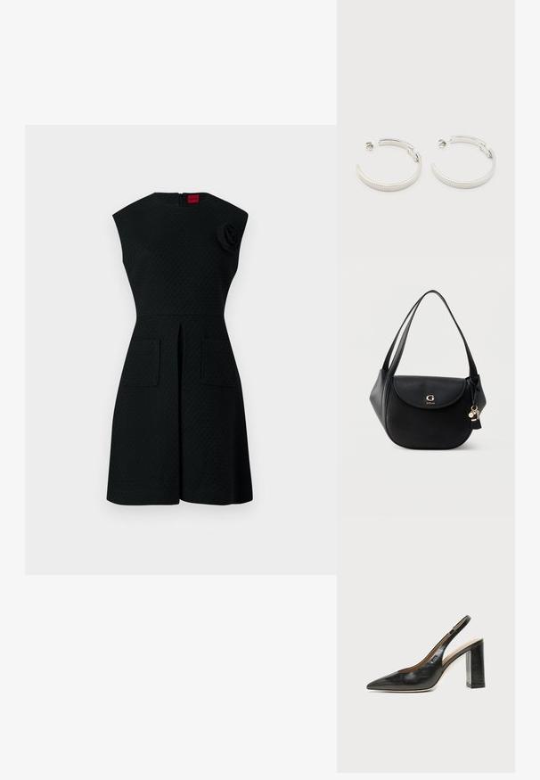 Sort kjole med et struktureret mønster, korte ærmer, to forlommer og en blomsterdetalje på skulderen. Bagtil med lynlås.; Sort læder peep-toe slingback sko med høj blokhæl og beige indvendig foring mod en ensfarvet lys baggrund.; Sort læder skuldertaske med buet klap, gyldent "G GUESS" logo, dobbelte stropper og hængende nøglering vedhæng på ensfarvet baggrund.; Sølvfarvede halvcirkelformede creoler med riflet tekstur og trykknapslukning på hvid baggrund.