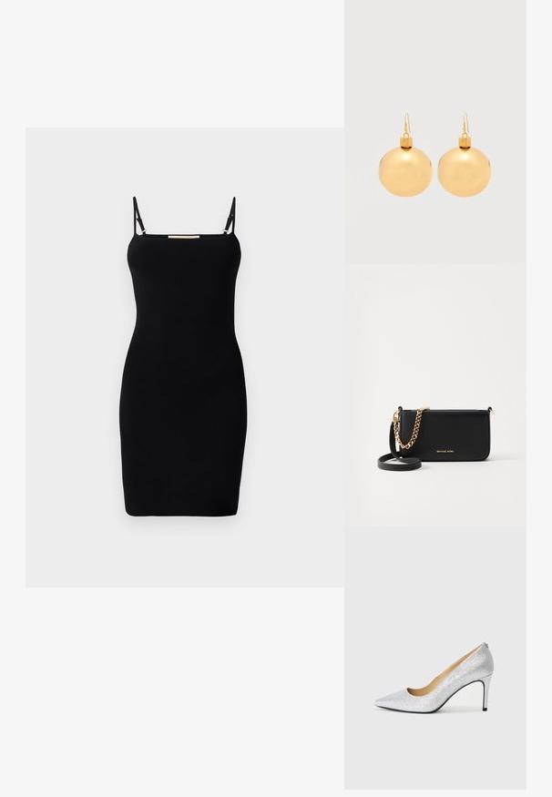 Sort ribbet strikket kjole med tynde justerbare stropper og lige udskæring. Tæt pasform, minimalistisk design og ingen synlige mønstre eller accenter.; Sølvglitrende højhælede pumps med spids tå og glat inderside. Hælen er tynd og fremhæver det slanke design.; Sort læder clutch med en guldkædeaccent, glat tekstur og detaljer med guldlogo. Inkluderer en justerbar rem for alsidighed.; Par af skinnende gyldne julekugleøreringe med krog-lukninger på en ensfarvet hvid baggrund.