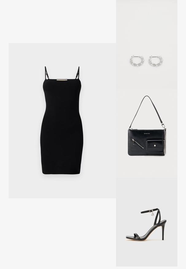 Schwarzes geripptes Strickkleid mit dünnen verstellbaren Trägern und geradem Ausschnitt. Figurbetonte Form, minimalistisches Design und keine sichtbaren Muster oder Akzente.; Schwarze High-Heel-Sandale mit schmalem Knöchelriemen, quadratischer Zehenbox, glattem Leder und metallischem Schnallenakzent.; Schwarze Michael Kors Leder-Umhängetasche mit oberem Reißverschluss, diagonalem Reißverschlussfach vorne, Klappentasche mit Druckknopf und silbernem Kettendetail.; Silberne Creolen mit Perlen- und Kristallakzenten, ausgestattet mit einer strukturierten Oberfläche und einem sicheren Steckverschluss.