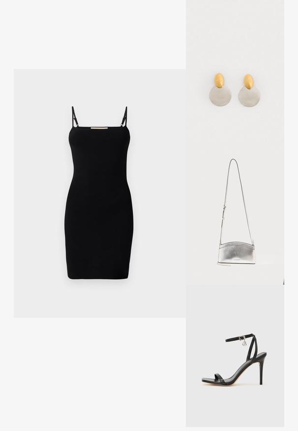 Vestido negro de punto acanalado con tirantes delgados ajustables y escote recto. Corte entallado, diseño minimalista y sin patrones o acentos visibles.; Sandalia de tacón alto negra con una estrecha correa en el tobillo, punta cuadrada, material de cuero liso y detalle de hebilla metálica.; Bolso bandolera metálico plateado con correa ajustable y logo sutil en el frente sobre un fondo claro y liso.; Pendientes de metal dorado y plateado con base de disco redondo y pieza superior ovalada, textura suave y acabado pulido.