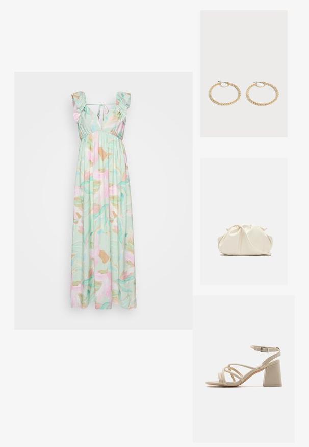 Μαξι φόρεμα σε ανοιχτό μέint πράσινο ύφασμα, με σχέδιο λουλουδιών σε ροζ και χρυσό. Ρυθμιζόμενοι ιμάντες και λεπτομέρεια με σφιχτή μέση.; Μπεζ ψηλές σάντες με διασταυρούμενες λουρίδες, αγκράφα στον αστράγαλο και τετράγωνη φτέρνα για σταθερότητα. Λείο υλικό που μοιάζει με δέρμα.; Μαλακό, κρεμ δερμάτινο τσαντάκι χειρός με σχεδίαση με gathers και λεπτό λουράκι ώμου, τοποθετημένο μπροστά σε απλό φόντο.; Ζεύγος μεσαίου μεγέθους χρυσούς κρίκους σκουλαρίκια με υφή και σχεδιασμό από χάντρες σε απλό ανοιχτό φόντο.