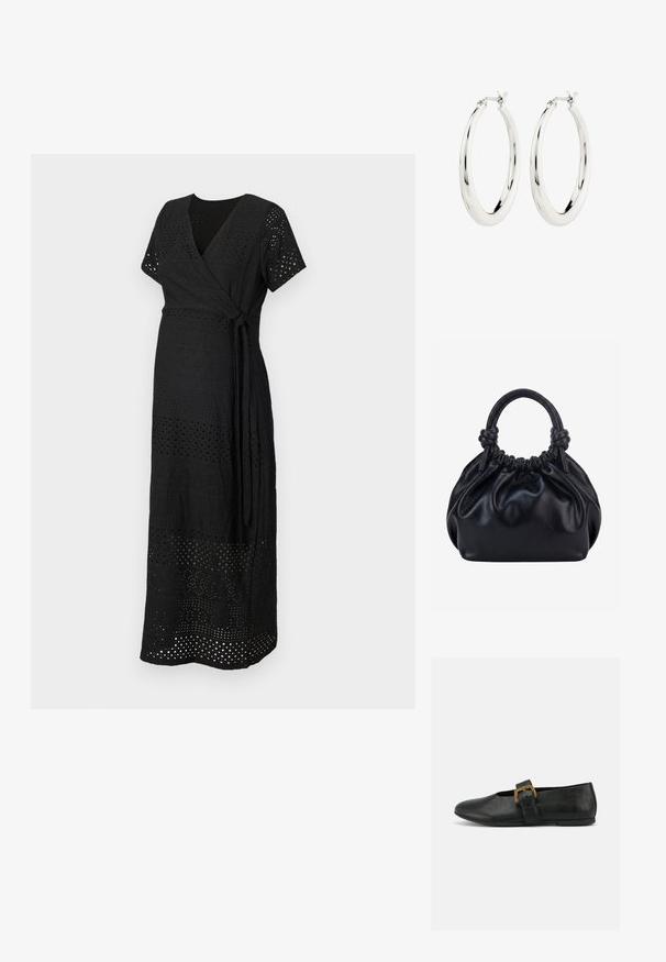 Vestido negro ajustado con mangas cortas y cierre atado. La tela presenta un patrón de cortes con diseños variados, creando textura y detalle.; Zapato plano de cuero negro con una correa ancha y una gran hebilla dorada sobre un fondo blanco liso.; Bolso de mano de cuero negro suave con parte superior fruncida y dos asas gruesas atadas en nudos sobre un fondo claro y liso.; Pendientes de aro de plata con un acabado suave y brillante. Forma circular, con un cierre seguro. Diseño sencillo y elegante.