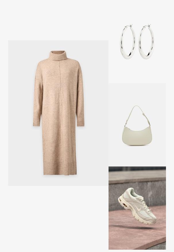 Beiges langes Strickkleid mit Rollkragen, langen Ärmeln, gerippten Bündchen und Saum, auf einfachem hellgrauem Hintergrund dargestellt.; Helles beige Sportschuh mit einem Mesh-Obermaterial, rundem Zehenbereich und strukturierter Zwischensohle. Verfügt über einen gepolsterten Kragen und Schnürung mit einem dezenten Logo.; Pieces PCALUANA SHOULDER BAG - Handtasche - birch; Silberne Creolen mit einer glatten, glänzenden Oberfläche. Kreisform, ausgestattet mit einem sicheren Verschluss. Einfaches und elegantes Design.