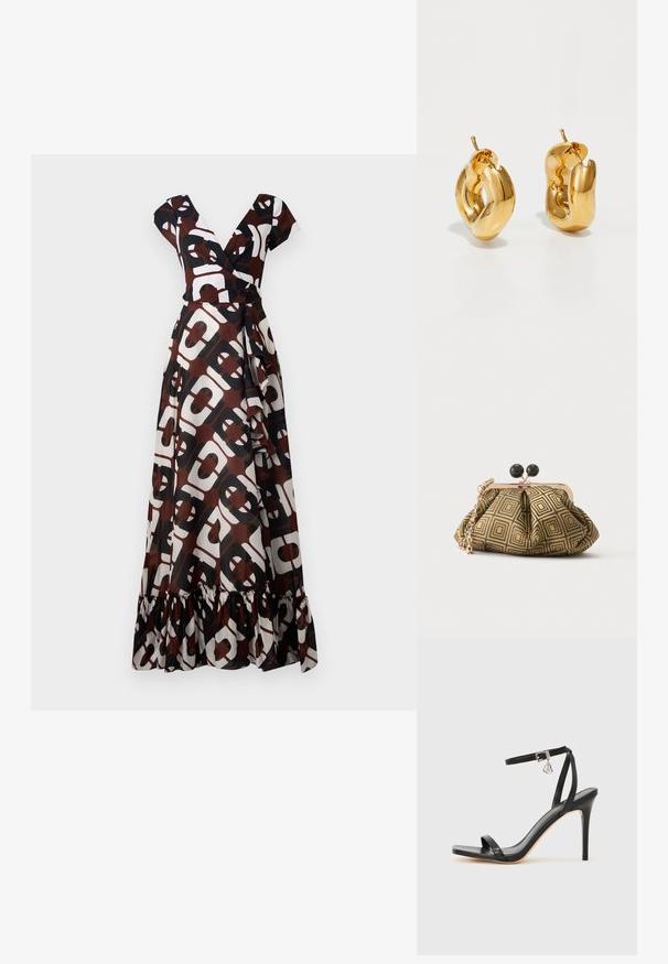 Vestido maxi de tela en marrón, blanco y negro con un audaz patrón geométrico. Escote en V, mangas cortas y un detalle de dobladillo con volantes.; Sandalia de tacón alto negra con una estrecha correa en el tobillo, punta cuadrada, material de cuero liso y detalle de hebilla metálica.; Pequeño bolso de mano con patrón geométrico en dorado y negro, marco metálico dorado, cierre de bola negro y una corta correa de cadena dorada.; Pendientes de aro grueso en oro con un diseño tubular ligeramente retorcido y cierre de presión, sobre un fondo blanco.
