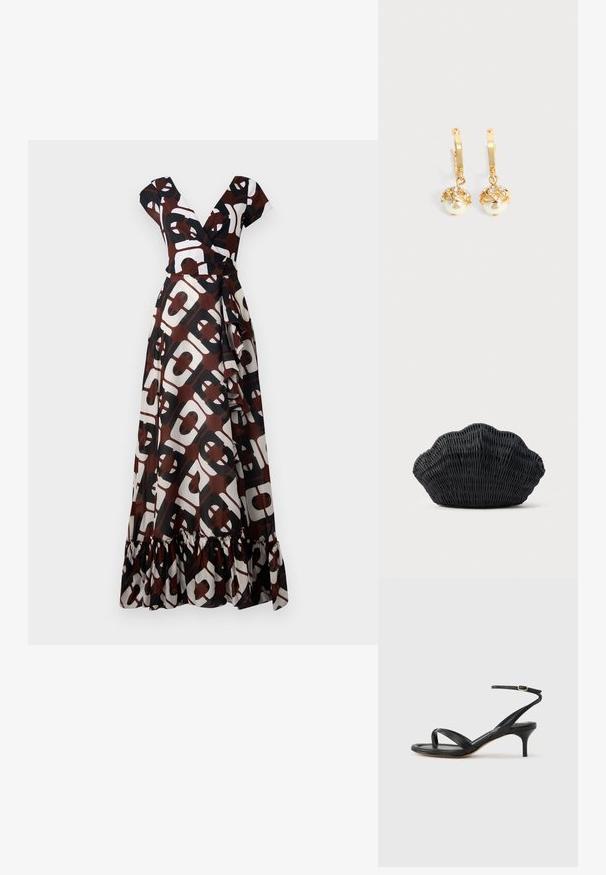 Maxi-jurk in bruin, wit en zwarte stof met een gedurfde geometrische patroon. V-hals, kapmouwen en een ruches aan de onderkant.; Zwarte leren dames sandaal met dunne bandjes, een teengreep, een enkelgesp en een stilettohak van gemiddelde hoogte op een neutrale achtergrond.; Zwarte gevlochten handtas in de vorm van een sint-jakobsschelp met een gebogen bovenkant en een geweven textuur op een effen achtergrond.; Gouden oorringen met hangende witte parels omhuld met goud en kleine heldere kristallen op een effen lichte achtergrond.