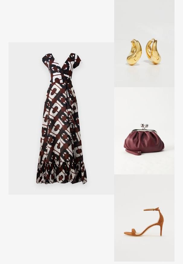Vestido maxi de tela en marrón, blanco y negro con un audaz patrón geométrico. Escote en V, mangas cortas y un detalle de dobladillo con volantes.; Sandal de tacón alto de ante marrón con una delgada correa en el tobillo y una hebilla dorada, puntera abierta y un diseño elegante y minimalista.; Pequeño bolso de mano de cuero burdeos con cierre metálico plateado y correa de muñeca sobre un fondo blanco.; Pendientes de aro de oro con forma curva y suave, y acabado pulido. Presentan un mecanismo de cierre y ligeras indentaciones para un toque de detalle.