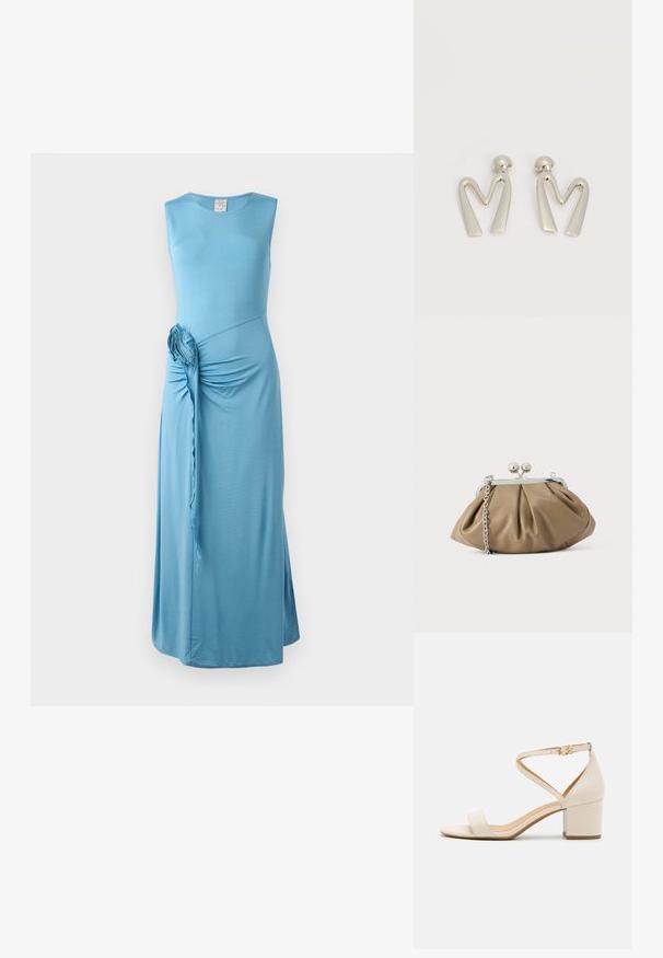 Vestido maxi sin mangas de color azul con un detalle torcido en el lateral y un acento floral. Fabricado en una suave tela elástica con una textura lisa.; Sandalias de tacón bloque en color beige que presentan un diseño minimalista, punta abierta y una correa ajustable en el tobillo con detalle de hebilla dorada. Textura suave.; Clutch de cuero en beige suave con forma redondeada, textura plisada, cierre de broche plateado y una correa de cadena desmontable.; Par de pendientes de metal plateado con forma de letra M angular y postes redondeados sobre un fondo blanco.