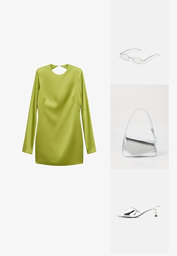 Minimale jurk met lange mouwen in felgroene satijn, met een ronde keyhole-halslijn en side seam-details. Soepele textuur met een slanke silhouet.; Zilveren open teen slippertje met lage kittenhak en glanzende metallic afwerking op een neutrale achtergrond.; Ovale brillen met een metallic zilveren montuur, heldere glazen en getextureerde kraalaccenten op de tempels. Lichtgewicht ontwerp met gebogen armen.; Zilveren metalen handtas met een driehoekige vorm, gladde textuur en een dunne, verstelbare schouderriem. Kenmerkt zich door een omklapbaar ontwerp met stiksels.